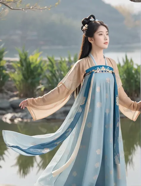 masterpiece, best quality, realistic
hanfu tang, tang style, tang dynasty, front view, 1girl, solo, black hair, hair ornament, long hair, blue dress, lake, mountain, tree
<lora:HanfuTang_SDXL-000003:0.65>