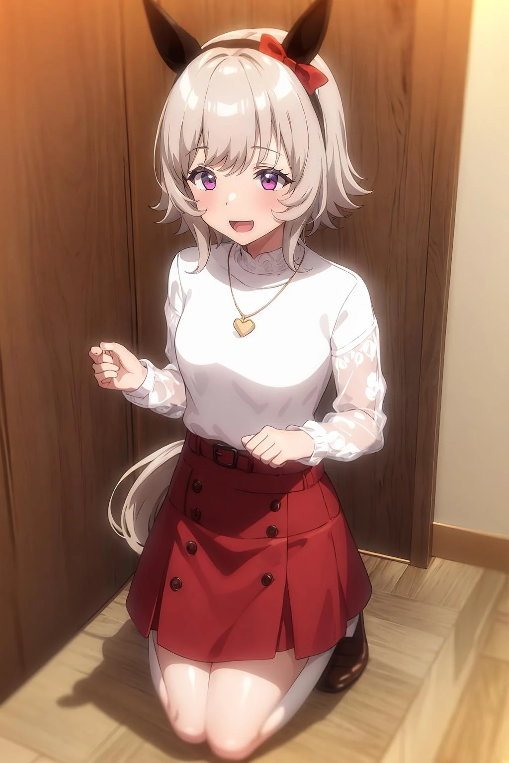full body,1girl,solo,curren chan,kneeling, :D,necklace ,everyday wear,white shirt,red skirt, <lora:leihuojian:1:lbw=outall> <lora:curren_chan:1>