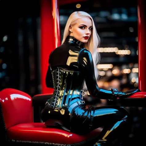 RAW photo, Elegant norwegian young girl, 18 years, gothicgirl with long, smooth platinum blond hair with black streaks and very light pale skin, dark eyeshadow, dark lipstick, sitting on a black leather chair in a dark bar with neon sign, wearing a ((red latex catsuit and red latex corset)) swedish collar, collar, ((armbinder)), tied, bound, ((arms behind back)), handcuffed behind, 105mm professional photography, analog photography, vintage style, (high detailed skin:1.2), 8k uhd, dslr, soft lighting, high quality, film grain, sharpen, Fujifilm XT3