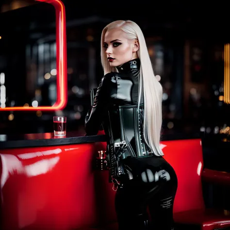 RAW photo, Elegant norwegian young girl, 18 years, gothicgirl with long, smooth platinum blond hair with black streaks and very light pale skin, dark eyeshadow, dark lipstick, sitting on a black leather chair in a dark bar with neon sign, wearing a ((red latex catsuit and red latex corset)) swedish collar, collar, ((armbinder)), tied, bound, ((arms behind back)), handcuffed behind, 105mm professional photography, analog photography, vintage style, (high detailed skin:1.2), 8k uhd, dslr, soft lighting, high quality, film grain, sharpen, Fujifilm XT3