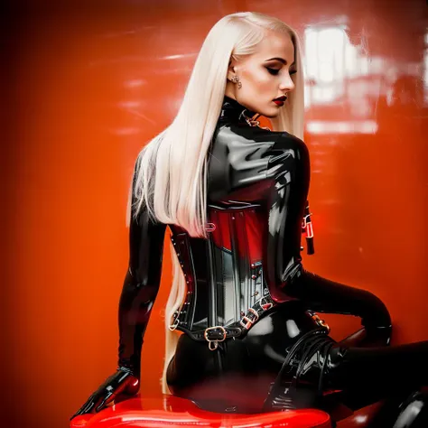 RAW photo, Elegant norwegian young girl, 18 years, gothicgirl with long, smooth platinum blond hair with black streaks and very light pale skin, dark eyeshadow, dark lipstick, sitting on a black leather chair in a dark bar with neon sign, wearing a ((red latex catsuit and red latex corset)) swedish collar, collar, ((armbinder)), tied, bound, ((arms behind back)), handcuffed behind, 105mm professional photography, analog photography, vintage style, (high detailed skin:1.2), 8k uhd, dslr, soft lighting, high quality, film grain, sharpen, Fujifilm XT3