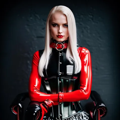 RAW photo, Elegant norwegian young girl, 18 years, gothicgirl with long, smooth platinum blond hair with black streaks and very light pale skin, dark eyeshadow, dark lipstick, sitting on a black leather chair in a dark bar with neon sign, wearing a ((red latex catsuit and red latex corset)) swedish collar, collar, ((armbinder)), tied, bound, ((arms behind back)), handcuffed behind, 105mm professional photography, analog photography, vintage style, (high detailed skin:1.2), 8k uhd, dslr, soft lighting, high quality, film grain, sharpen, Fujifilm XT3