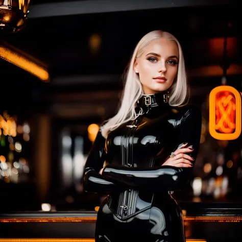 RAW photo, Elegant swedish young girl, 18 years, gothicgirl with platinum blond hair and very light pale skin, (in a dark bar with neon signs), wearing a black latex catsuit and black latex corset, swedish collar, collar, armbinders, tied, bound arms behind back, handcuffed behind, 105mm professional photography, analog photography, vintage style, (high detailed skin:1.2), 8k uhd, dslr, soft lighting, high quality, film grain, Fujifilm XT3