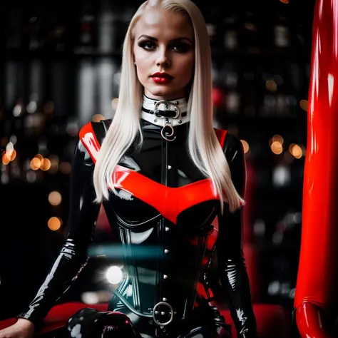 RAW photo, Elegant norwegian young girl, 18 years, gothicgirl with long, smooth platinum blond hair with black streaks and very light pale skin, dark eyeshadow, dark lipstick, sitting on a black leather chair in a dark bar with neon sign, wearing a ((red latex catsuit and red latex corset)) swedish collar, collar, ((armbinder)), tied, bound, ((arms behind back)), handcuffed behind, 105mm professional photography, analog photography, vintage style, (high detailed skin:1.2), 8k uhd, dslr, soft lighting, high quality, film grain, sharpen, Fujifilm XT3