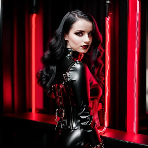 RAW photo, Elegant norwegian young girl, 18 years, gothicgirl, gothic makeup, dark lipstick, dark eyeshadow,  with long, smooth black hair and very light pale skin, (in a dark bar with pink neon signs), wearing a black latex catsuit and black latex corset, ((metal collar)), collar, ((metal cuffs)), tied, bound arms behind back, handcuffed behind, 105mm professional photography, analog photography, (high detailed skin:1.2), 8k uhd, dslr, soft lighting, high contrast, high quality, film grain, Fujifilm XT3