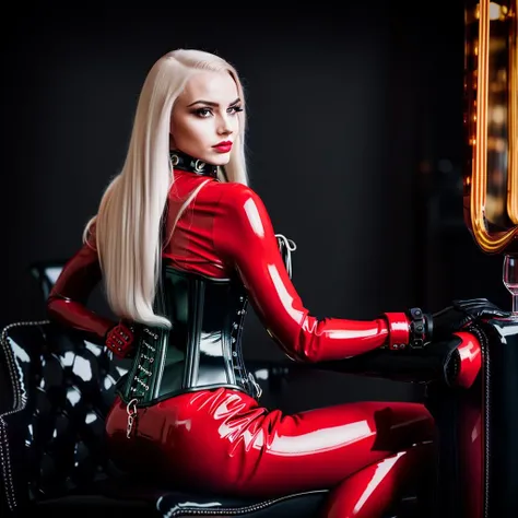 RAW photo, Elegant norwegian young girl, 18 years, gothicgirl with long, smooth platinum blond hair with black streaks and very light pale skin, dark eyeshadow, dark lipstick, sitting on a black leather chair in a dark bar with neon sign, wearing a ((red latex catsuit and red latex corset)) swedish collar, collar, ((armbinder)), tied, bound, ((arms behind back)), handcuffed behind, 105mm professional photography, analog photography, vintage style, (high detailed skin:1.2), 8k uhd, dslr, soft lighting, high quality, film grain, sharpen, Fujifilm XT3