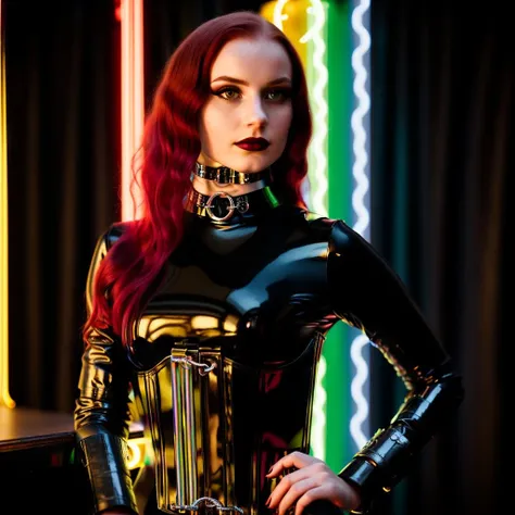 RAW photo, Elegant norwegian young girl, 18 years, gothicgirl, gothic makeup, dark lipstick, dark eyeshadow,  with long, smooth red hair and very light pale skin, (in a dark bar with rainbow colored neon signs), wearing a black latex catsuit and black latex corset, ((metal collar)), collar, ((metal cuffs)), tied, bound arms behind back, handcuffed behind, 105mm professional photography, analog photography, (high detailed skin:1.2), 8k uhd, dslr, soft lighting, high contrast, high quality, film grain, Fujifilm XT3