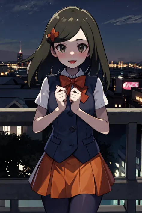 masterpiece, best quality, looking at viewer, facing viewer, nice hands, perfect hands, <lora:PokemonV2:1> <lora:GoodHands-vanilla:1>, generation 9, 1girl, solo, (night:1.3), low key, <lora:LowRA:0.7>, excited, blush, balcony, penthouse, wide windows, city, smile, happy, <lora:LassDP:0.7> LassDP, bangs, skirt, shirt, bow, white shirt, short sleeves, pantyhose, pleated skirt, bowtie, vest, red bow, black pantyhose, buttons, red bowtie, black vest, rock, orange bow, orange skirt, orange bowtie