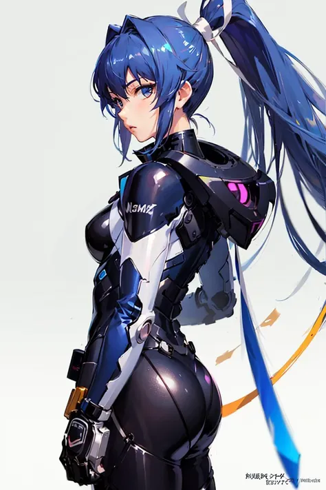 (best quality), (masterpiece), (detailed),(photorealistic:1.3),<lora:meiyaMitsurugiAlternative_v10:0.6:char>,MitsurugiMeiya,1girl,solo,blue hair,ponytail,hair intakes,hair ornament,hair_ribbon,bow,very long hair,single hair ribbon,TSFSuitBlackWhite,dynamic angle,(looking at viewer:1.1),cowboy shot