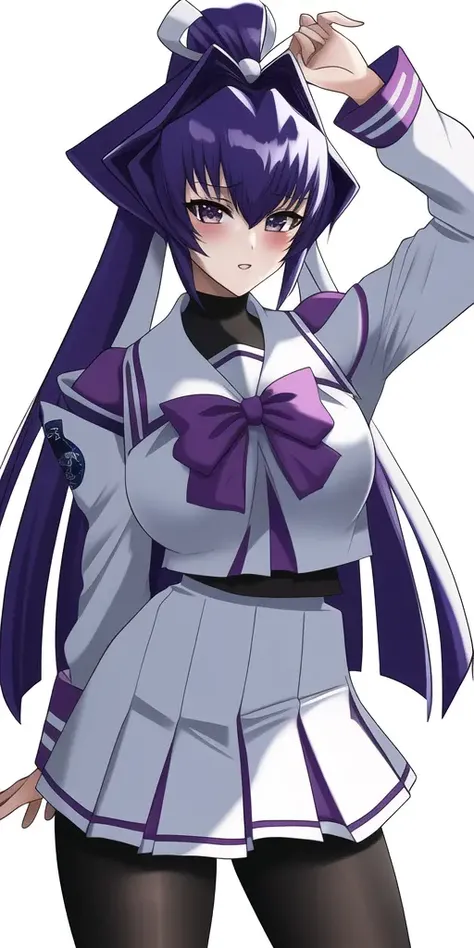 masterpiece, best_quality, highres, <lora:Meiyav2:0.7>, MitsurugiMeiya, solo, hair_ribbon, HakuryouHiiragiUniform, large_breasts