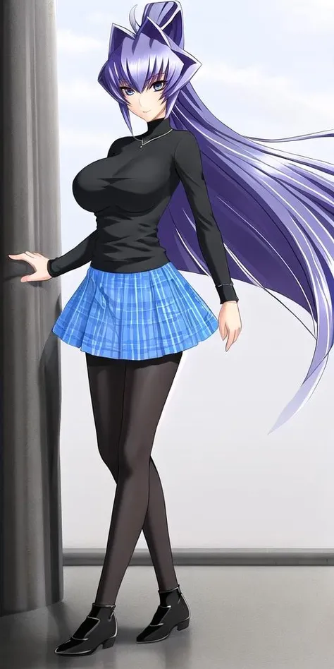 <lora:MitsurugiMeiyaV2:0.7> mitsurugimeiya, huge_breast, standing, solo, Black_sweater_Blue_skirt_Black_pantyhose_Black_shoes,, masterpiece, best quality, detailed face, detailed eyes, highres,