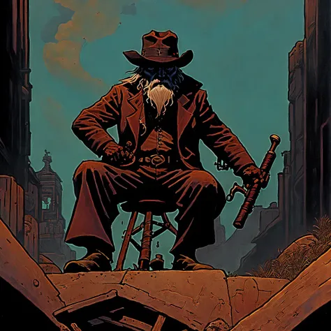 a sitting (((badass old man))) character, in style of Mike Mignola, in environment, highly detailed, trending on artstation,