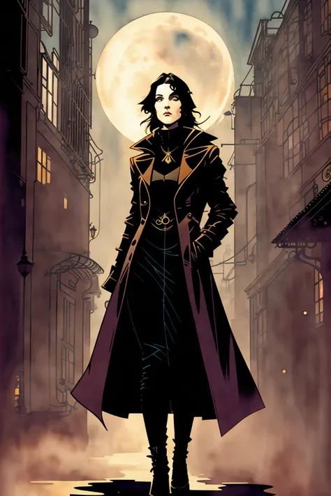 face portrait of 1 woman, long jacket, walking in the ally ,  moon light, steam punk
dark room, dim light,  watercolor painting
 art style of  Mike Mignola    <lora:add_detail:1>
