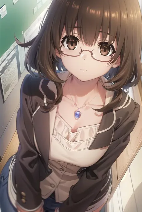 tamaeokamine, <lora:tamae okamine s2-lora-nochekaiser:1>,
tamae okamine, short hair, bangs, brown hair, (brown eyes:1.5), glasses, semi-rimless eyewear, red-framed eyewear, under-rim eyewear, bespectacled,
BREAK shirt, long sleeves, jewelry, necklace, pink shirt, collarbone,
BREAK indoors, classroom,
BREAK looking at viewer, (cowboy shot:1.5),
BREAK <lyco:GoodHands-beta2:1>, (masterpiece:1.2), best quality, high resolution, unity 8k wallpaper, (illustration:0.8), (beautiful detailed eyes:1.6), extremely detailed face, perfect lighting, extremely detailed CG, (perfect hands, perfect anatomy),