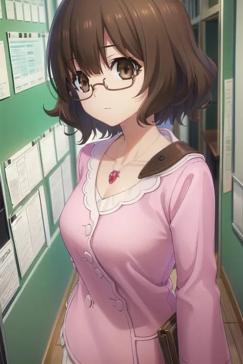 tamaeokamine, <lora:tamae okamine s2-lora-nochekaiser:1>,
tamae okamine, short hair, bangs, brown hair, (brown eyes:1.5), glasses, semi-rimless eyewear, red-framed eyewear, under-rim eyewear, bespectacled,
BREAK shirt, long sleeves, jewelry, necklace, pink shirt, collarbone,
BREAK indoors, classroom,
BREAK looking at viewer, (cowboy shot:1.5),
BREAK <lyco:GoodHands-beta2:1>, (masterpiece:1.2), best quality, high resolution, unity 8k wallpaper, (illustration:0.8), (beautiful detailed eyes:1.6), extremely detailed face, perfect lighting, extremely detailed CG, (perfect hands, perfect anatomy),