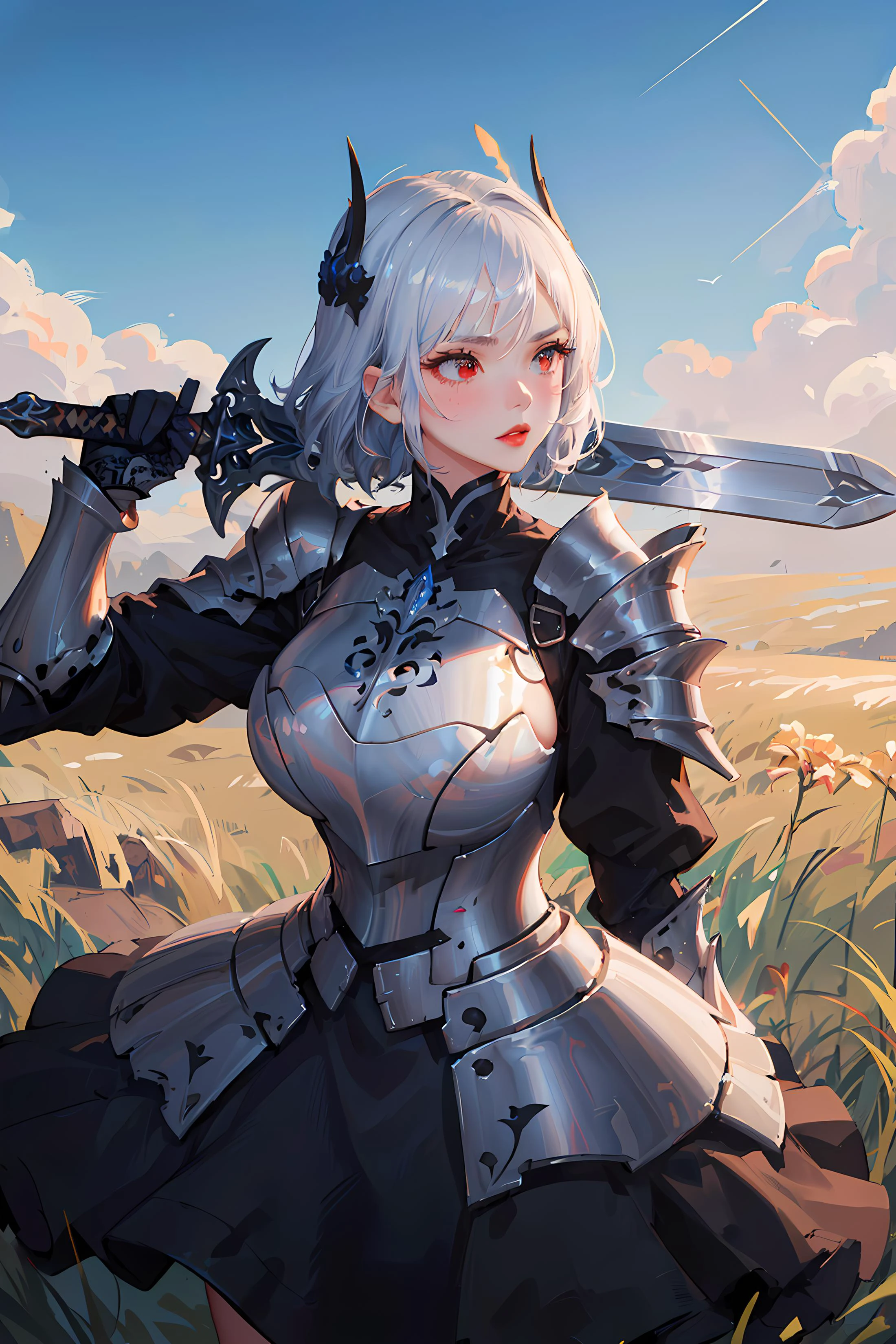 (8k, masterpiece, best quality, highres, extremely, detailed, intricate details, absurdres resolution, High quality texture, professional lighting, prefect face, dark fantasy:1.3), beautiful lady, glossy skin, shiny skin, (beautful and detailed face and eyes), beautful red eyes, intricate iris, long (black) hair:1.4, straight hair, curvy, narrow waist, eyelashes:1.2, blush, beautful red lips,
((breastplate, ornate silver heavy armor, shiny armor, headgear, ray tracing, armored dress, black dress), outdors, blue sky, grass, battle ground, close shot, cowboy shot, weapon over shoulder, sword, huge weapon, holding sword),
<lora:Concept_SwordOverShoulder:1>