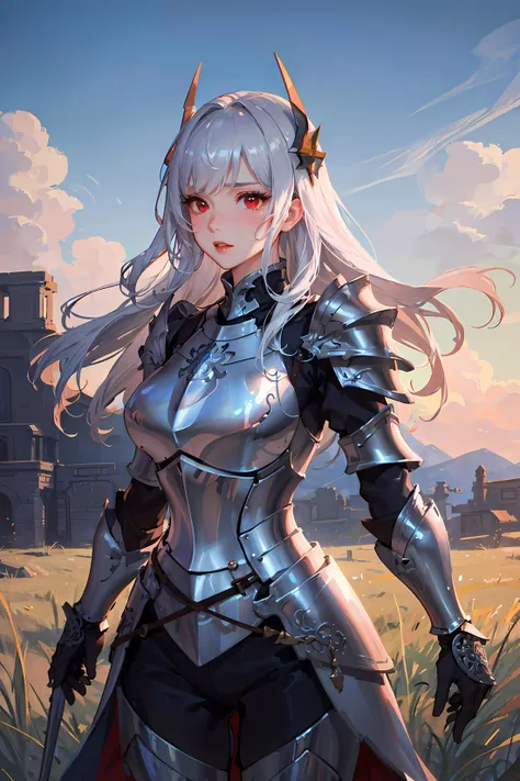 (8k, masterpiece, best quality, highres, extremely, detailed, intricate details, absurdres resolution, High quality texture, professional lighting, prefect face), beautiful lady, glossy skin, shiny skin, (beautful and detailed face and eyes), beautful red eyes, intricate iris, long black hair, straight hair, curvy, narrow waist, eyelashes:1.2, blush, beautful red lips,
((breastplate, ornate silver heavy armor, shiny armor, headgear, ray tracing), outdors, blue sky, grass, battle ground, close shot, cowboy shot, graves),
