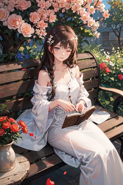 an elegant young woman sitting on a wrought iron bench in the center of a lush garden. The garden should be filled with colorful flowers and greenery, creating a vibrant and serene atmosphere. The woman should have long, flowing brown hair, styled in loose curls that fall gently down her back. She should be wearing a flowing white dress with delicate lace accents, which floats around her as she sits on the bench. In her left hand, the woman should be holding a leather-bound book with gilded pages, as if she were in the middle of reading it. Her right hand should be resting gently on a small, ornate table that is positioned next to the bench. On the table, there should be a vase of freshly cut flowers, with bright red and yellow petals that perfectly complement the surrounding flora. Next to the vase, there should be a small cup of steaming tea, emitting fragrant steam that curls up into the air. The woman should have a serene expression on her face, as if she is completely at peace and enjoying the natural beauty around her. Her eyes should be closed, as if she is savoring the aroma of the flowers and the warm breeze on her skin. The overall image should convey a sense of tranquility and contentment