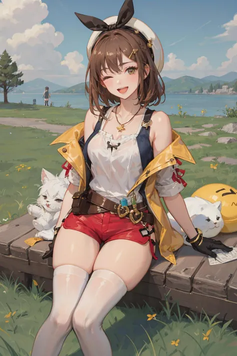 reisalin stout,1girl, smling, thigh gap, white thighhighs, thick thighs, brown gloves, white headwear, shorts, red shorts, hairclip, brown hair, medium breasts, short shorts, belt, flask, yellow jacket, star necklace, ;d, park scenery, grass <lora:reisalin_stout:1>