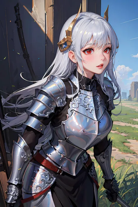 (8k, masterpiece, best quality, highres, extremely, detailed, intricate details, absurdres resolution, High quality texture, professional lighting, prefect face), beautiful lady, glossy skin, shiny skin, (beautful and detailed face and eyes), beautful red eyes, intricate iris, long black hair, straight hair, curvy, narrow waist, eyelashes:1.2, blush, beautful red lips,
((breastplate, ornate silver heavy armor, shiny armor, headgear, ray tracing), outdors, blue sky, grass, battle ground, close shot, cowboy shot, graves),