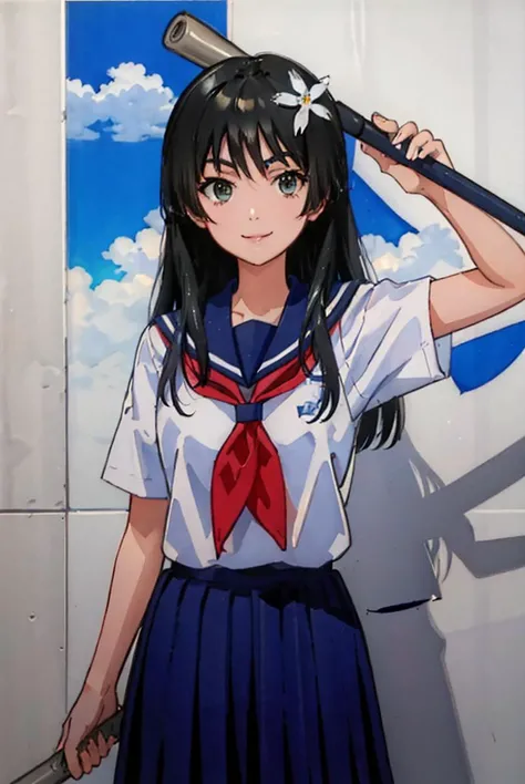 best quality, nsfw, scan, (traditional media), (best shadow), soft lighting, HDR, (best shadow), 1girl, <lora:satenRuiko:0.7>, saten ruiko, very detailed , highres, (masterpiece_1.0),(best quality_1.0),( body in frame), standing, school uniform, looking at viewer, cowboy shot, bangs, smiling, baseball bat in hand, (((one))) small white flower in hair