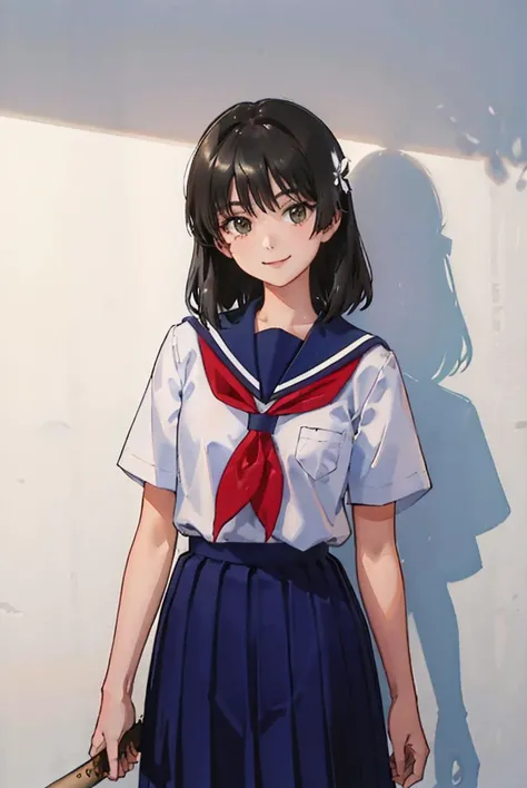 best quality, nsfw, scan, (traditional media), (best shadow), soft lighting, HDR, (best shadow), 1girl, <lora:satenRuiko:0.5>, saten ruiko, very detailed , highres, (masterpiece_1.0),(best quality_1.0),( body in frame), standing, school uniform, looking at viewer, cowboy shot, bangs, smiling, baseball bat in hand, one small white flower in hair