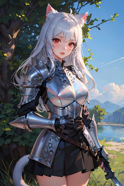 (8k, masterpiece, best quality, highres, extremely, detailed, intricate details, absurdres resolution, High quality texture, professional lighting, prefect face), beautiful lady, glossy skin, shiny skin, cat ears, nekomimi, cat tail, (beautful and detailed face and eyes), beautful red eyes, intricate iris, long black hair, straight hair, curvy, narrow waist, eyelashes:1.2, blush, beautful red lips,
((breastplate, ornate silver heavy armor, shiny armor, headgear, ray tracing, black skirt, thighs, armor boots), outdors, blue sky, grass, battle ground, close shot, cowboy shot, weapon, holding a sword),