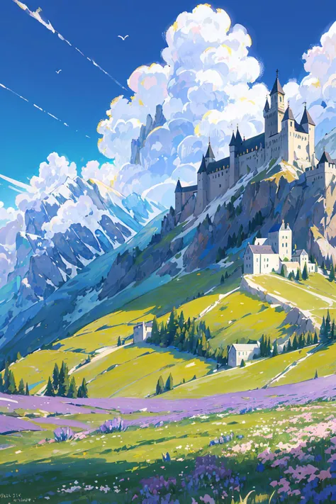spring, Alps, sheep, blue sky, white clouds, meadows, trees, many flowers, lavender, distant mountains,There is a castle in the distance, tranquillity, shepherd boys, rocks
