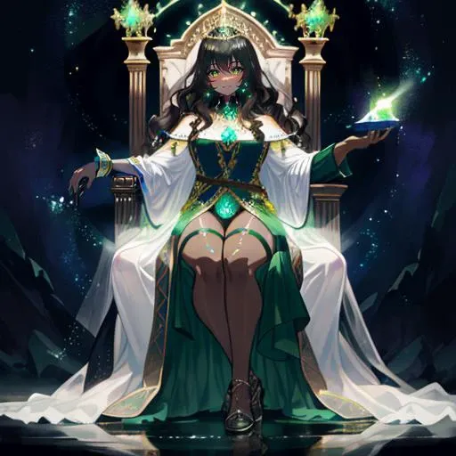 hand resting on throne arm rest, facing forward