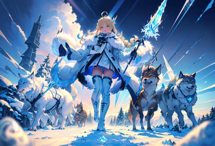 solo focus, (masterpiece), best quality, ultra-detailed, illustration, fantasy, (wide_shot:1.2), (from below, dutch_angle), (letterboxed),
dutch angle, (((1girl, (ahoge, long, french braid blonde hair) (blue fur-trimmed coat, white Nordic runes) (brown leather pants) (fur boots) (holding ice spear)))), walking,
(a group of wolves running in background:1.3),
blue sky, icy, rainbow, snowing , tress, winter, mountainous horizon background,
light_particles, caustics, cinematic lighting, HDR, (volumetric lighting), (blurry foreground:1.3), (sharp focus:1.1), (particleA:0.8), (in the style of dispersion)<hypernet:DIspersion:0.563>