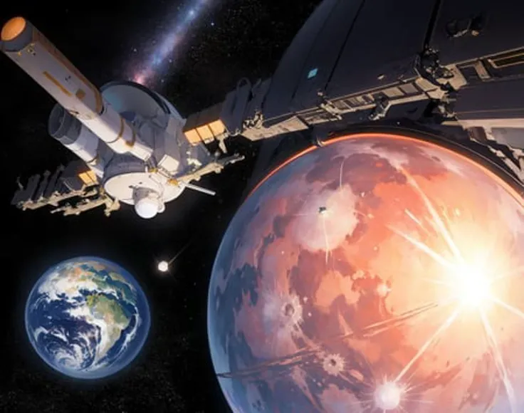 a spacecraft flying near a large planet, stars, moons, nebula