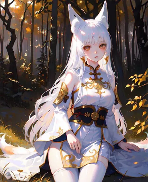 (1girl), (realistic:1.5), photorealistic, hype realistic, wide hips, (pale skin), (long white hair), fullbody, ((kemonomimi)), ((fox years)), silver and golden clothing, chinese clothing, asian clothing, forest background, calm colors, golden eye color