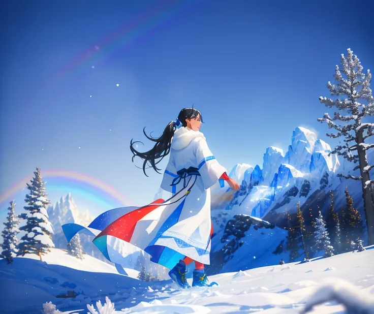 1 male solo, tanned skin, black hair, (ponytail:1.0), walking in snow, tribal clothing, (blue sky), icy, rainbow, snowing , tress, winter, mountainous beautiful colors, polar bears, cold, ((ice background)), blue, caustics, cinematic lighting, HDR, (volumetric lighting), (blurry foreground:1.3), (sharp focus:1.1),