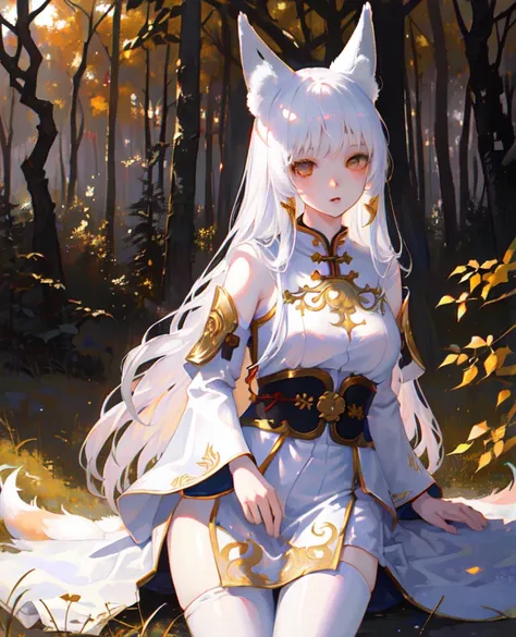 (1girl), (realistic:1.5),  photorealistic, hype realistic, wide hips, (pale skin), (long white hair), fullbody, ((kemonomimi)), ((fox years)), silver and golden clothing, chinese clothing, asian clothing, forest background, calm colors, golden eye color