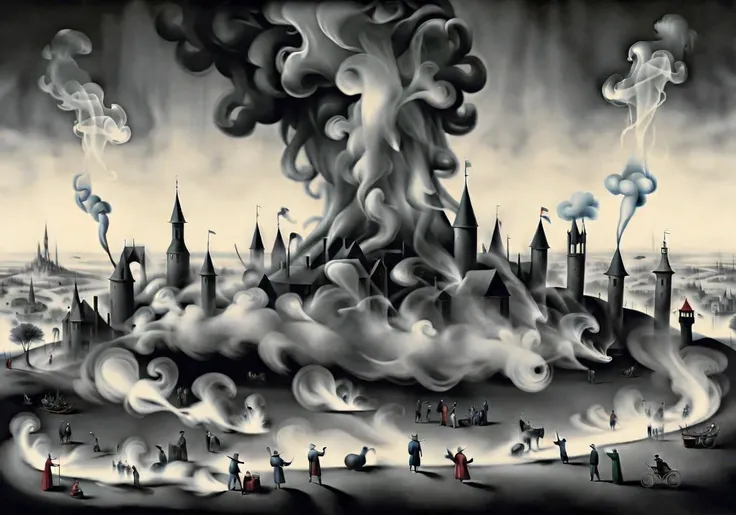 <lora:Smoke_XL:1> landscape of people in the form of smoke_xl in the style of Hieronymus Bosch