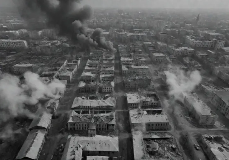 <lora:Smoke_XL:1>, middle shot, modern Ukrainian bombed out city with churches, helicopters overhead,  in the form of smoke_xl