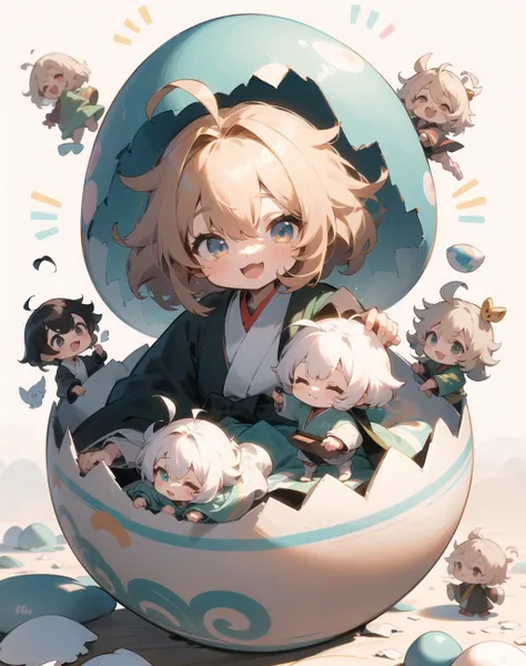 , colorful,
3girls, (,multiple_girls :1.2) (toddler_child:1.3)small
(chibi:1.2),(dwarf,pygmy,:1.2)messy_hair,,ahoge,
happy:3,;3, japanese clothes,hooded cloak,koropokkuru,
cute,kawaii , <lora:concept_hatching-v2:0.8> hatching, eggshell