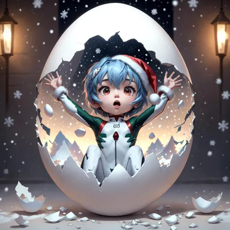 masterpiece, best quality, highres, 8k, cg wallpaper, reflection, ray tracing, <lora:ayanami_rei-10:1> ayanami_rei,, plugsuit, bodysuit, santa hat, white bodysuit chibi, upper body, (christmas:1.2), falling snow <lora:concept_hatching-v2:1> hatching, eggshell, cracked egg,