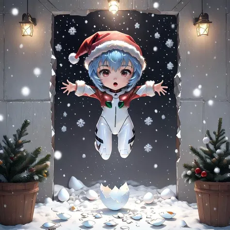 masterpiece, best quality, highres, 8k, cg wallpaper, reflection, ray tracing, <lora:ayanami_rei-10:1> ayanami_rei,, plugsuit, bodysuit, santa hat, white bodysuit chibi, upper body, (christmas:1.2), falling snow <lora:concept_hatching-v2:1> hatching, eggshell, cracked egg,