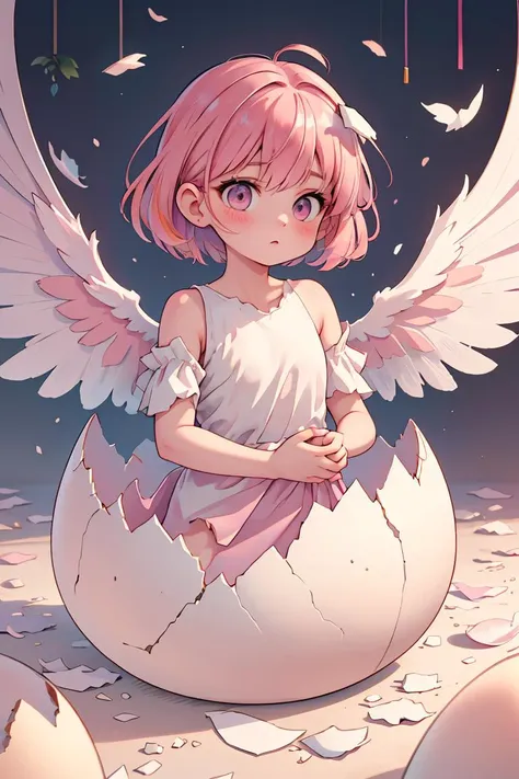 (masterpiece, best quality), 1girl, <lora:concept_hatching-v2:1> hatching, eggshell, pink hair, angel wings,