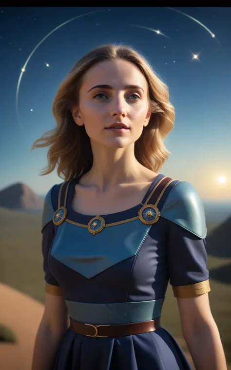 (Layered Depth, Parallax Effect, Soft focus foreground:1.3),surreal,(detailed landscape:1.1),(whimsical atmosphere:1.1),(powerful energy:1.1), (clothed, masterpiece, wide angle, cinematic establishing shot, young adult european woman, highly detailed background:1.2), volumetric lighting, subsurface scattering, dynamic pose, (special effects, color grading, fantasy aura), (antonialastnamesd15 Celestial Navigator:1.4), (Small Perky breasts:0.81), Starfilled sky, astrolabe, celestial robes, guiding constellations
