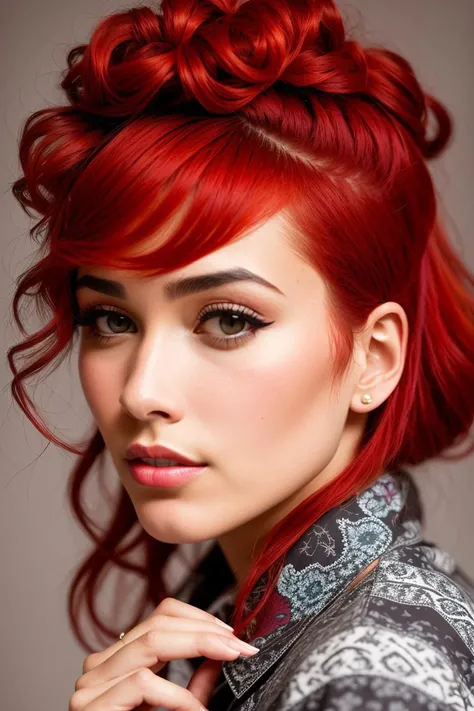 RAW photo, fashion editorial modelshoot style, beautiful woman, Antonia_LastName, model, (editorial makeup look), wearing a paisley shirt, red hair, (high detailed skin:1.2), 8k uhd, dslr, studio lighting, high quality, ISO100, film grain, Canon EOS R3