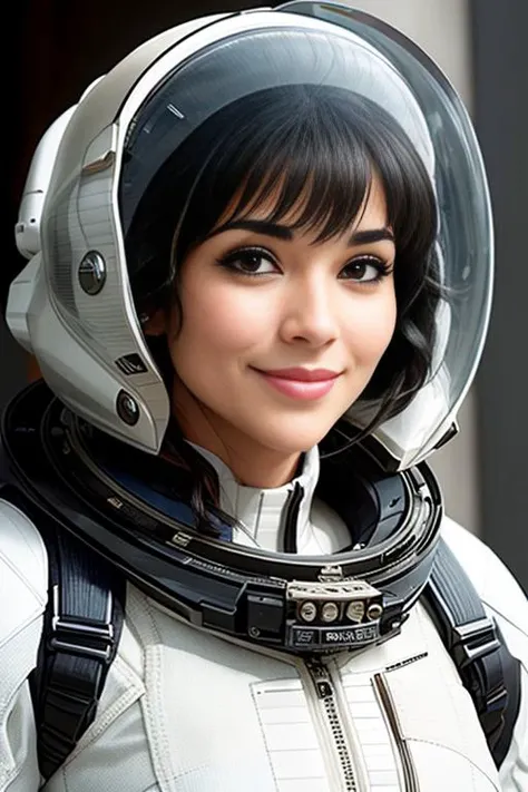a closeup photo of antonialastnamesd15, wearing a spacesuit, on the moon, looking into the distance, smiling