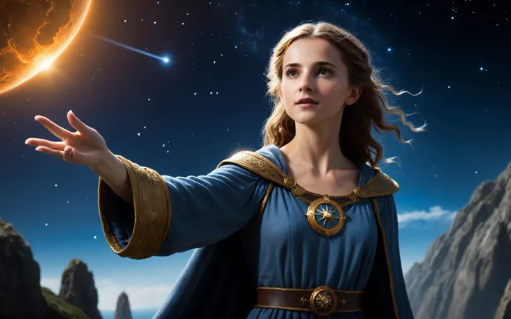 (clothed, masterpiece, wide angle, cinematic establishing shot, young adult european woman, highly detailed background:1.2), volumetric lighting, subsurface scattering, dynamic pose, (special effects, color grading, fantasy aura), (antonialastnamesd15 Celestial Navigator:1.4), (Small Perky breasts:0.81), Starfilled sky, astrolabe, celestial robes, guiding constellations