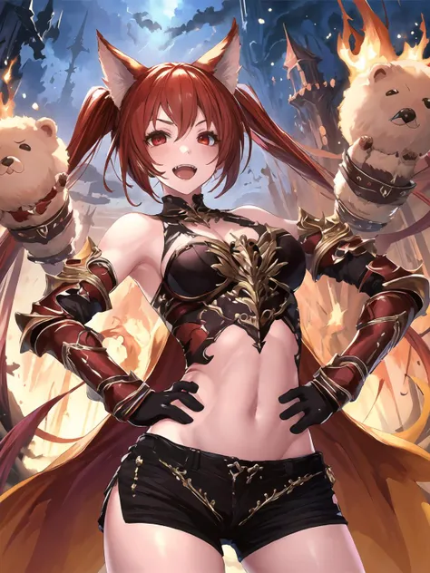 masterpiece,best quality,highres,cinematic lighting,dramatic angle,1girl,<lora:ShadowverseCerberusV9-000020:0.8>,red hair,red eyes,twintails,looking at viewer,animal ears,bikini armor,shorts,hand puppet,:d,clothing cutout,gloves,fire,floating puppet,hand on own hip,spread fingers,outstretched hand, explosion,upraised eyebrows,fangs