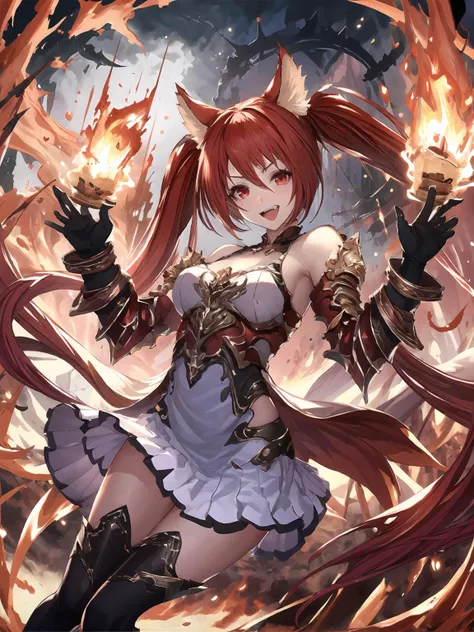 masterpiece,best quality,highres,cinematic lighting,dramatic angle,1girl,<lora:ShadowverseCerberusV9-000020:0.8>,red hair,red eyes,twintails,looking at viewer,animal ears,red skirt,,hand puppet,:d,clothing cutout,gloves,white dress,armor,fire,floating puppet,hand on own hip,spread fingers,outstretched hand, explosion,upraised eyebrows,fangs