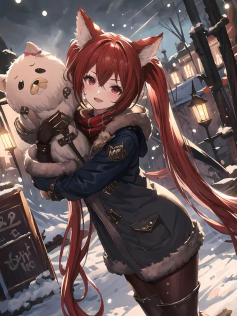 masterpiece,best quality,highres,cinematic lighting,dramatic angle,1girl,<lora:ShadowverseCerberusV9-000020:0.8:lbw=cereberus>,red hair,red eyes,twintails,looking at viewer,animal ears,turning head,shop,streetscape,winter,snow,thick coat,fur trim,thick gloves,hugging puppet,:d,Knitted hat,scarf,steam,pantyhose,jacket,shy