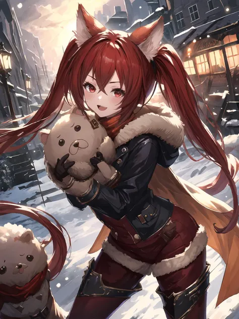 masterpiece,best quality,highres,cinematic lighting,dramatic angle,1girl,<lora:ShadowverseCerberusV9-000020:0.8>,red hair,red eyes,twintails,looking at viewer,animal ears,turning head,shop,streetscape,winter,snow,thick coat,fur trim,thick gloves,hugging puppet,:d,Knitted hat,scarf,steam,pantyhose,jacket,shy