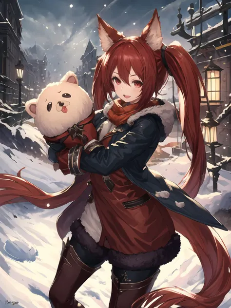 masterpiece,best quality,highres,cinematic lighting,dramatic angle,1girl,<lora:ShadowverseCerberusV9-000020:0.8>,red hair,red eyes,twintails,looking at viewer,animal ears,turning head,shop,streetscape,winter,snow,thick coat,fur trim,thick gloves,hugging puppet,:d,Knitted hat,scarf,steam,pantyhose,jacket,shy