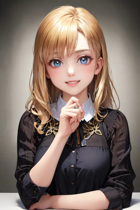 (masterpiece, best quality:1.2), <lyco:concept_handonownchin-11:1.0>, upper body, solo, 1girl, (spoken question mark:1.2), smile, looking at viewer, hand on own chin, long sleeves